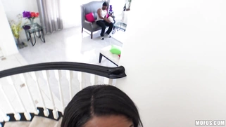 Mya Mays is sucking cock while her BF is playing video games