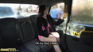 Fake French taxi babe with big natural tits and hairy pussy