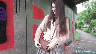 Very cute college Teen art student with natural tits studies a big dick outdoors