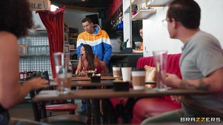 Busty Brandy Salazar gets pussy fucked standing in the cafe