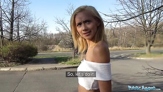 In a public forest fuck, a big cock gets a blonde's tight pussy moist