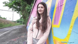 Very cute college Teen art student with natural tits studies a big dick outdoors