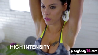 Sweaty inked brunette fitness babe fucks