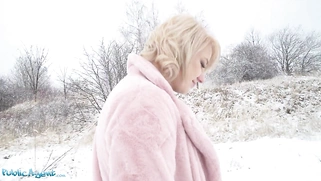 Short hair blonde amateur teen with soft natural body picked up as bus stop