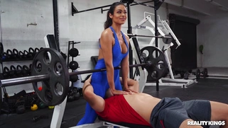 Katana Kombat is sucking cock and licking balls in the gym