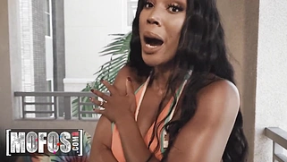 August Skye puts oil all over her body, unaware that Charles Dera is getting a boner