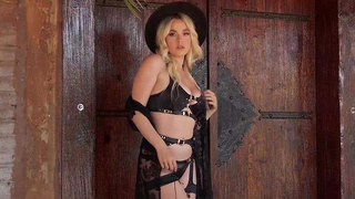 Bombastic blonde cowgirl stripps outdoor
