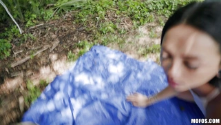 Mi Ha Doan orally pleasures the lucky dick outdoors