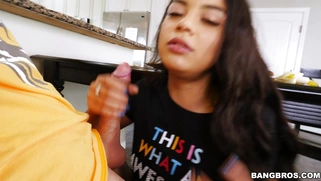 19yo Maya Bijou sucks Juan's hard prick under the table