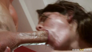 Jenni Lee barely keeping his extra large rocket inside of her mouth
