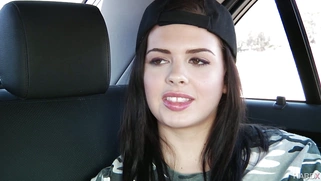 Keisha Grey squeezing her big natural tits on the backseat