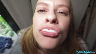 Nikki Riddle got mouth full of jizz after pussy fucking standing