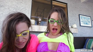 Two teens Anya Olsen and Kimmy Granger ride one stiff cock