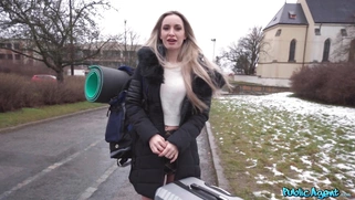 Blonde Micky Muffin is getting picked up outdoors
