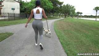 Diamond Kitty is walking with her dog and flashing her giant glutes