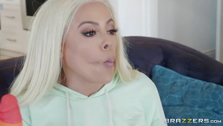 Blonde Luna Star demonstrates how to suck dildo