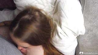 Brunette sucks a cock in the morning