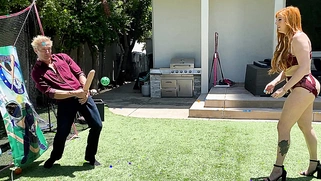 Big-booty redhead MILF plays ball with her stepson's huge white cock