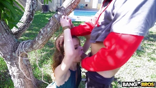 Tied to the tree Alex Blake gets face fucked