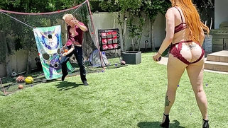 Big-booty redhead MILF plays ball with her stepson's huge white cock