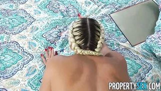 Seductive blonde gets fucked by her roommate for smoking