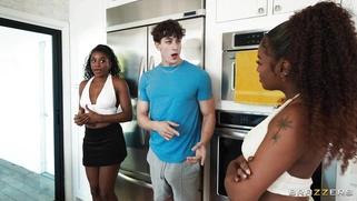 Nicole Kitt and Destiny Mira are sucking cock in the kitchen