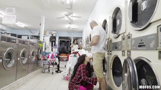 Brunette Caroline Ray sucks fat dick in the laundry