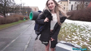 Blonde Micky Muffin is getting picked up outdoors