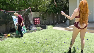 Big-booty redhead MILF plays ball with her stepson's huge white cock