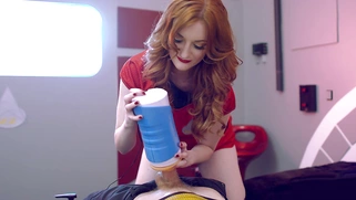 UK slut Zara DuRose strokes his rod with fleshlight and sucks it