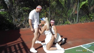 Phoenix Marie and Kelsi Monroe are sucking big cock outdoors