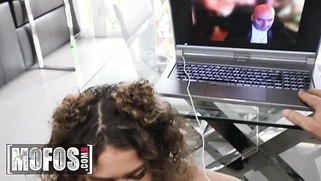 GI Joey is in a virtual meeting while Ellie Addison is under the table giving him blowjob