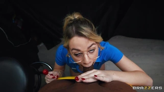 Bespectacled Ashley Alexander is sucking BBC in POV