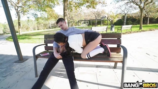 Clea Gaultier is sucking Tommy Cabrio's cock on the bench