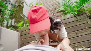 Julz Gotti is sucking Jmac's big cock outdoors
