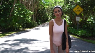 Ariana Aimes shows her tits on the street for money