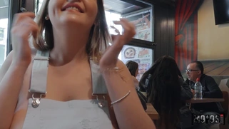 Candy Alexa shows off her big natural tits in the cafe