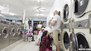 Brunette Caroline Ray sucks fat dick in the laundry