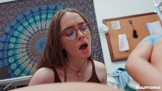 Busty Hazel Moore rides hard cock on the floor