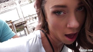 Teen Kirsten Lee gets fucked standing outdoors