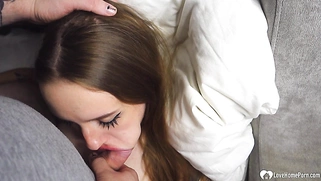 Brunette sucks a cock in the morning