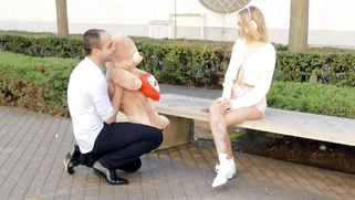 Lya Missy in glasses gives blowjob outdoors