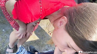 Quick blowjob during an outdoor hiking trip