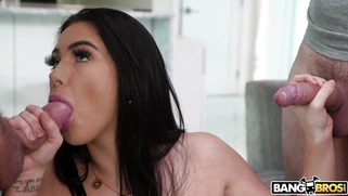 Busty MJ Fresh is sucking two cocks