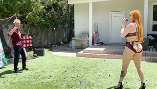 Big-booty redhead MILF plays ball with her stepson's huge white cock