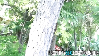 Gorgeous agent with big natural tits fucks landlord