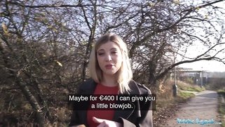 Hot blonde is caught pissing in the woods and takes cash for sex with big cock